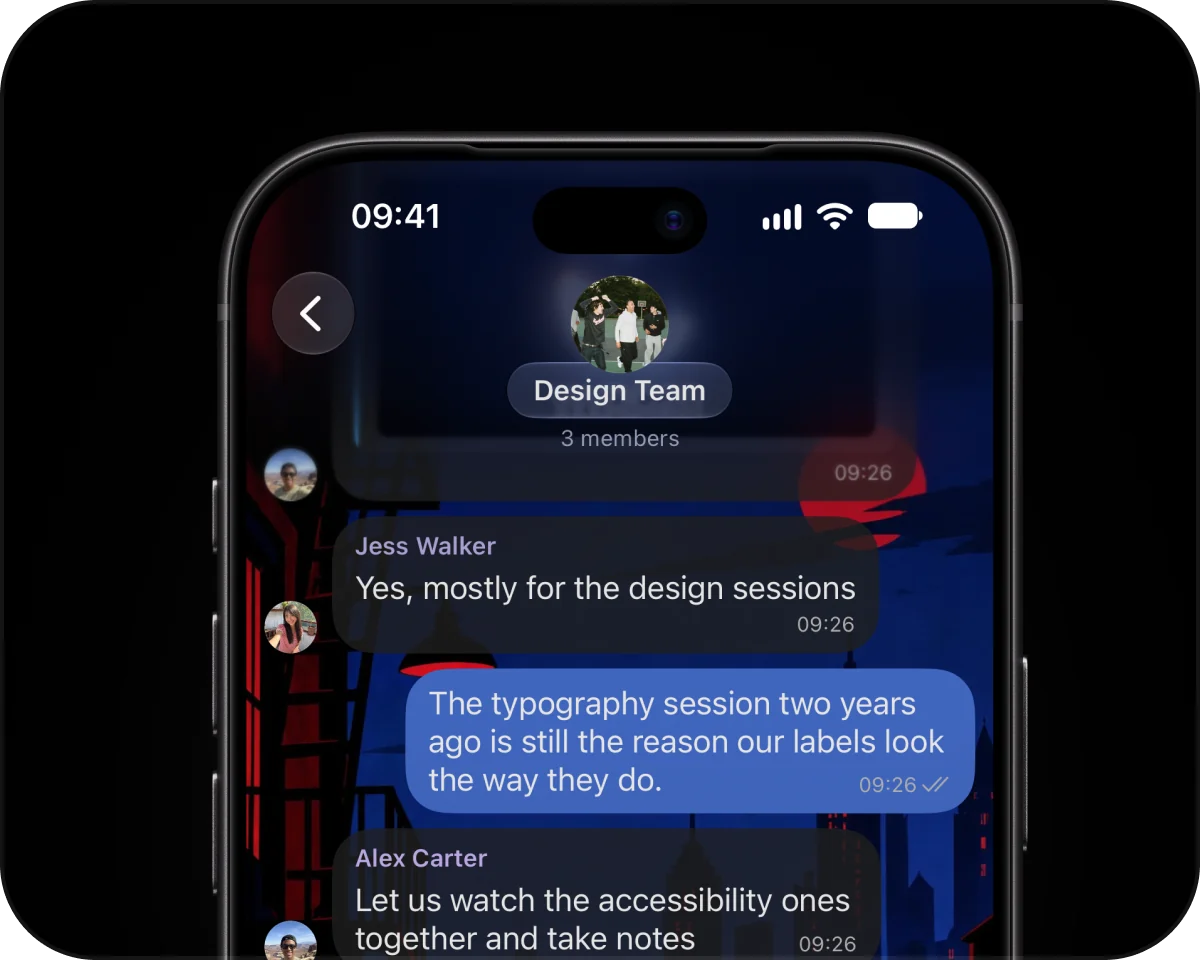 The Design Team group chat on a city wallpaper