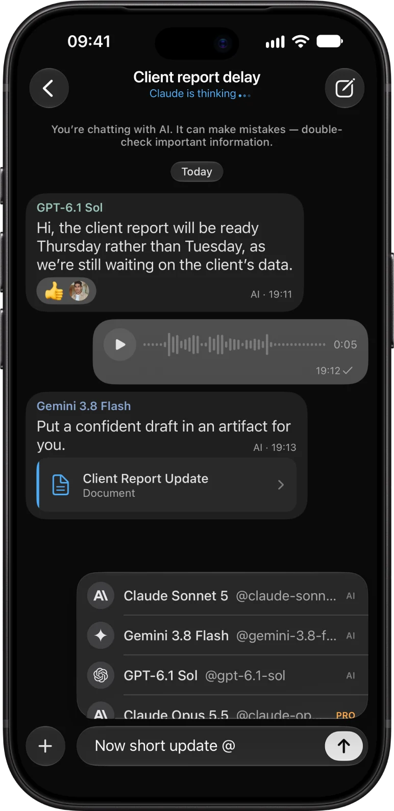 GPT and Gemini answering a voice message in one AmeChat chat
