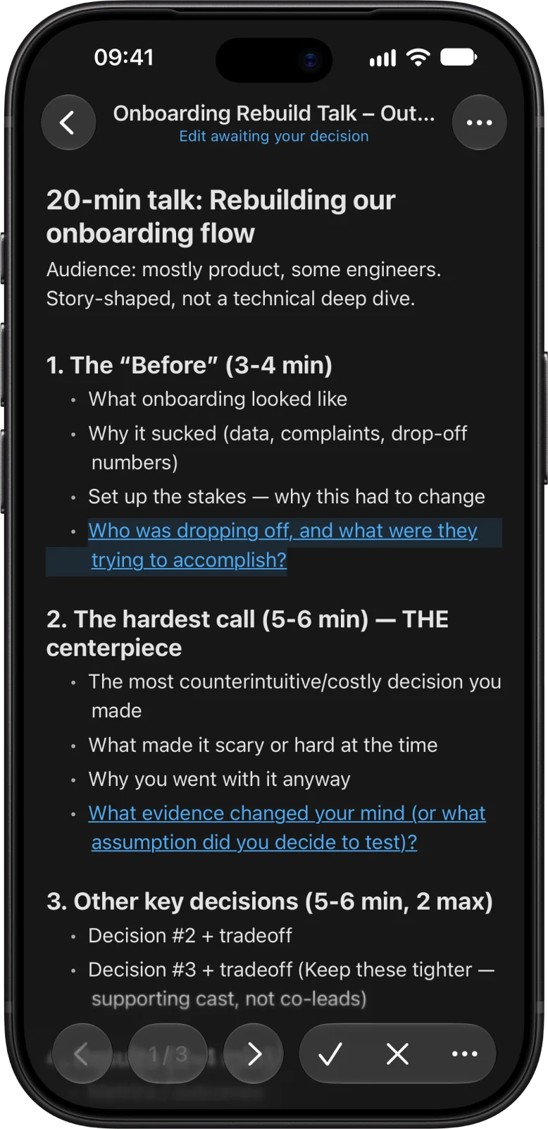 A talk outline the AI drafted, with suggested edits