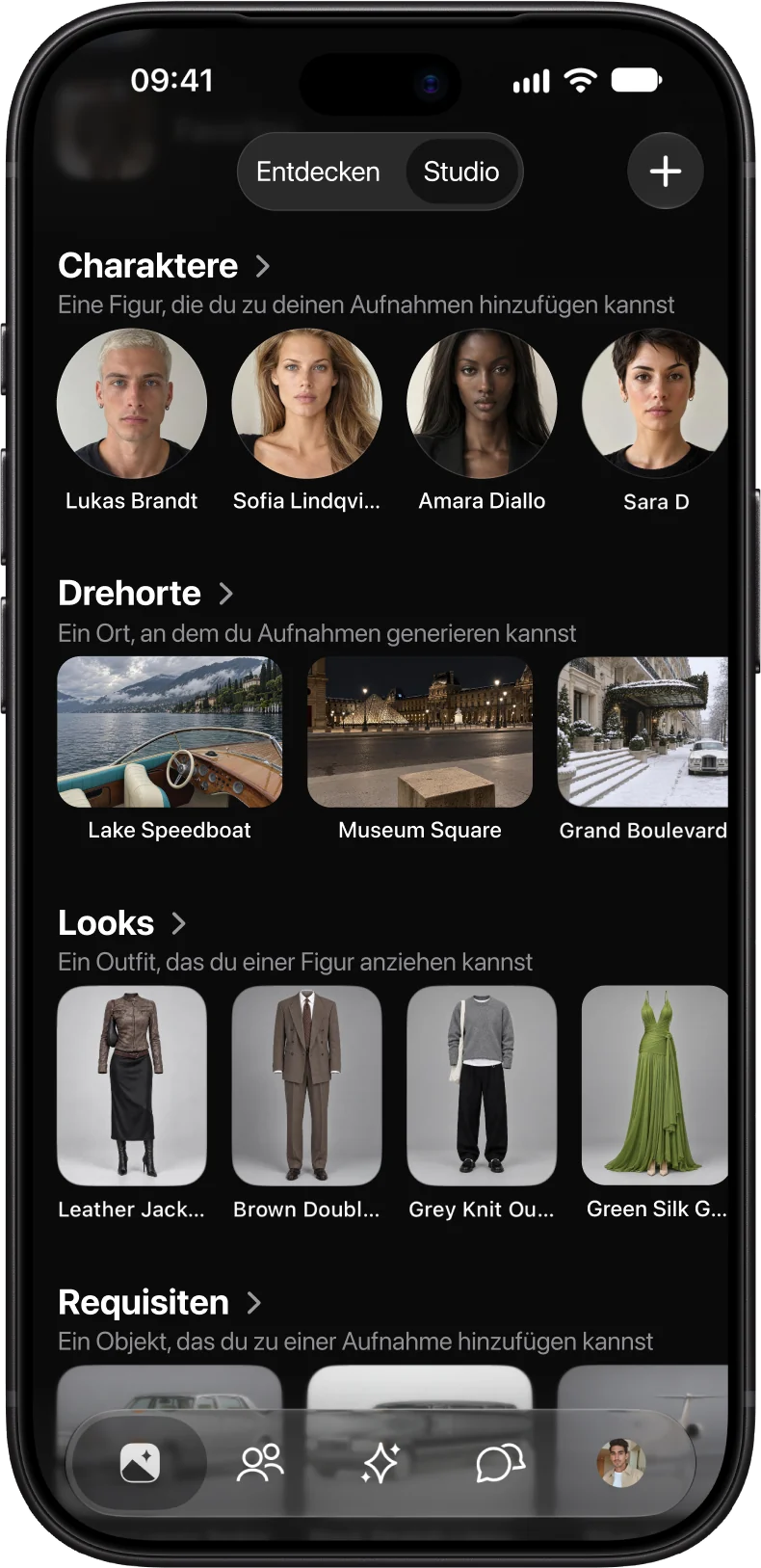 Die Bibliothek von AmeChat AI Studio mit Charakteren, Drehorten und Looks