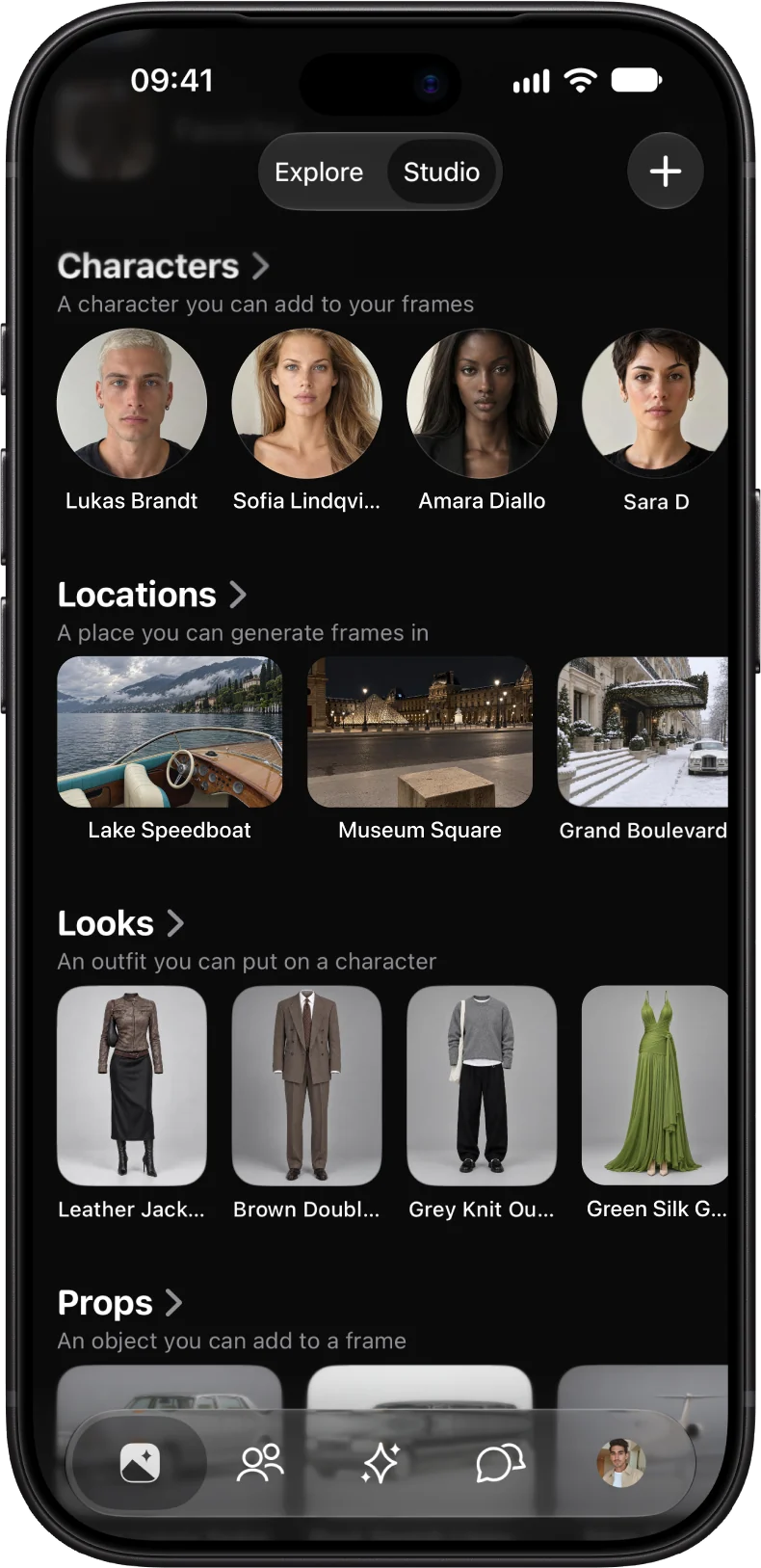 The AmeChat AI Studio library with characters, locations and looks