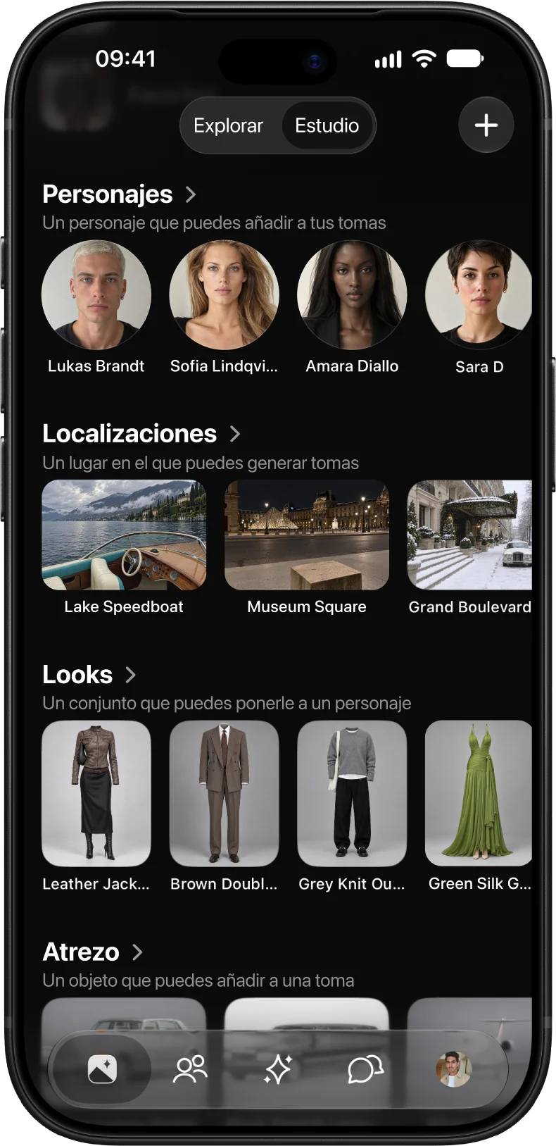 La biblioteca de AmeChat AI Studio con personajes, localizaciones y looks