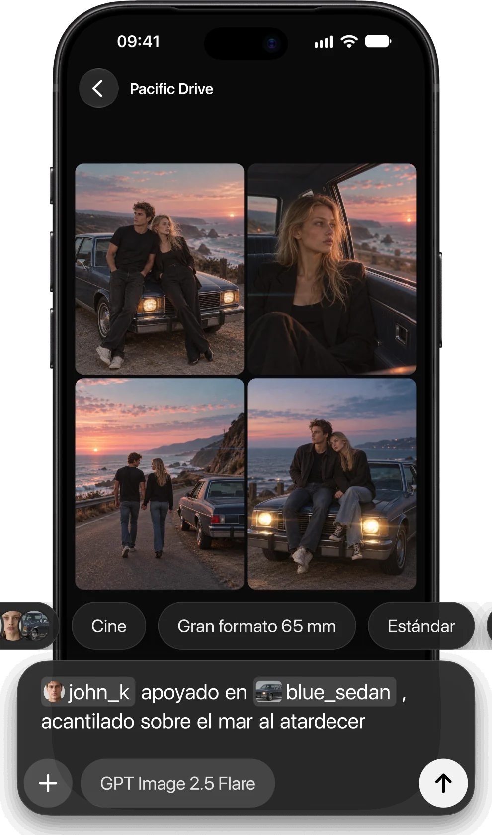 Un proyecto en AmeChat AI Studio con cuatro imágenes de los mismos personajes