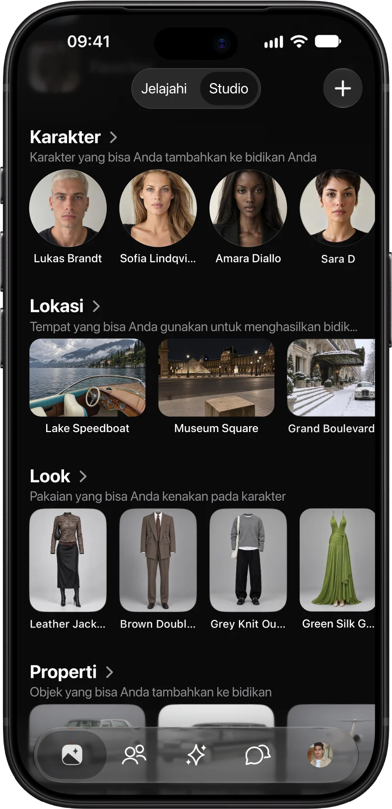 Perpustakaan AmeChat AI Studio dengan karakter, lokasi, dan look