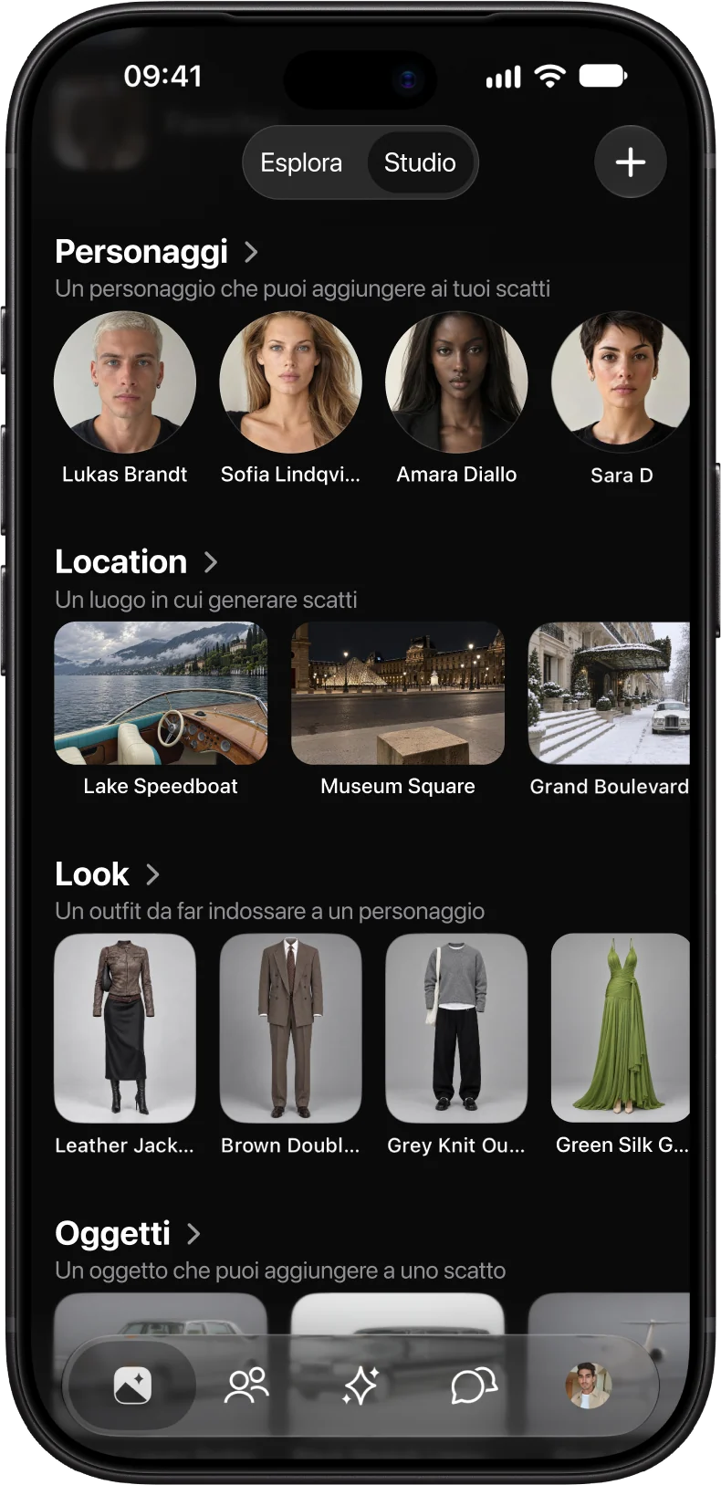 La libreria di AmeChat AI Studio con personaggi, location e look