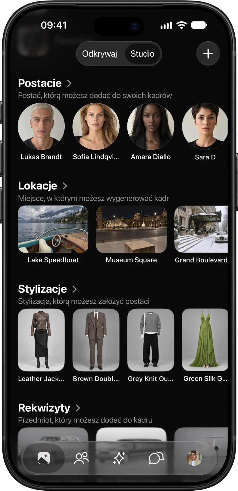 Biblioteka AmeChat AI Studio z postaciami, lokacjami i stylizacjami