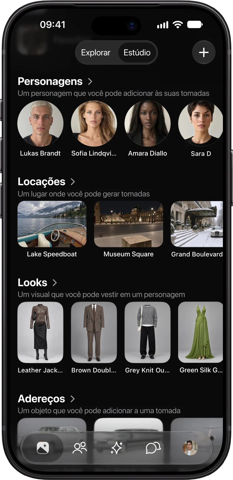 A biblioteca do AmeChat AI Studio com personagens, locações e looks