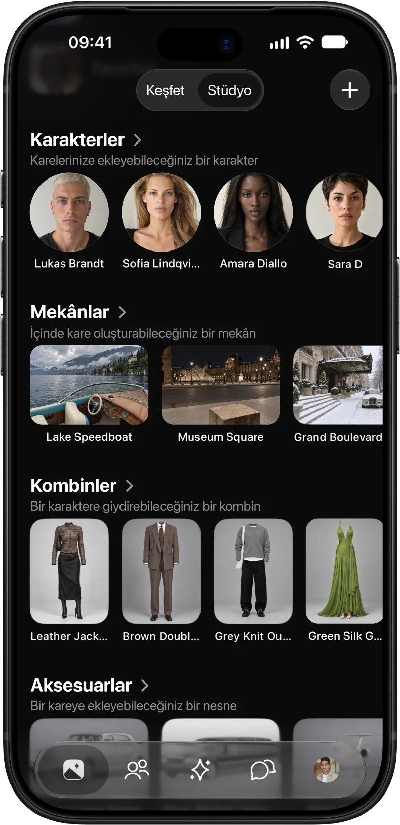 AmeChat AI Studio kütüphanesi: karakterler, mekânlar ve kombinler