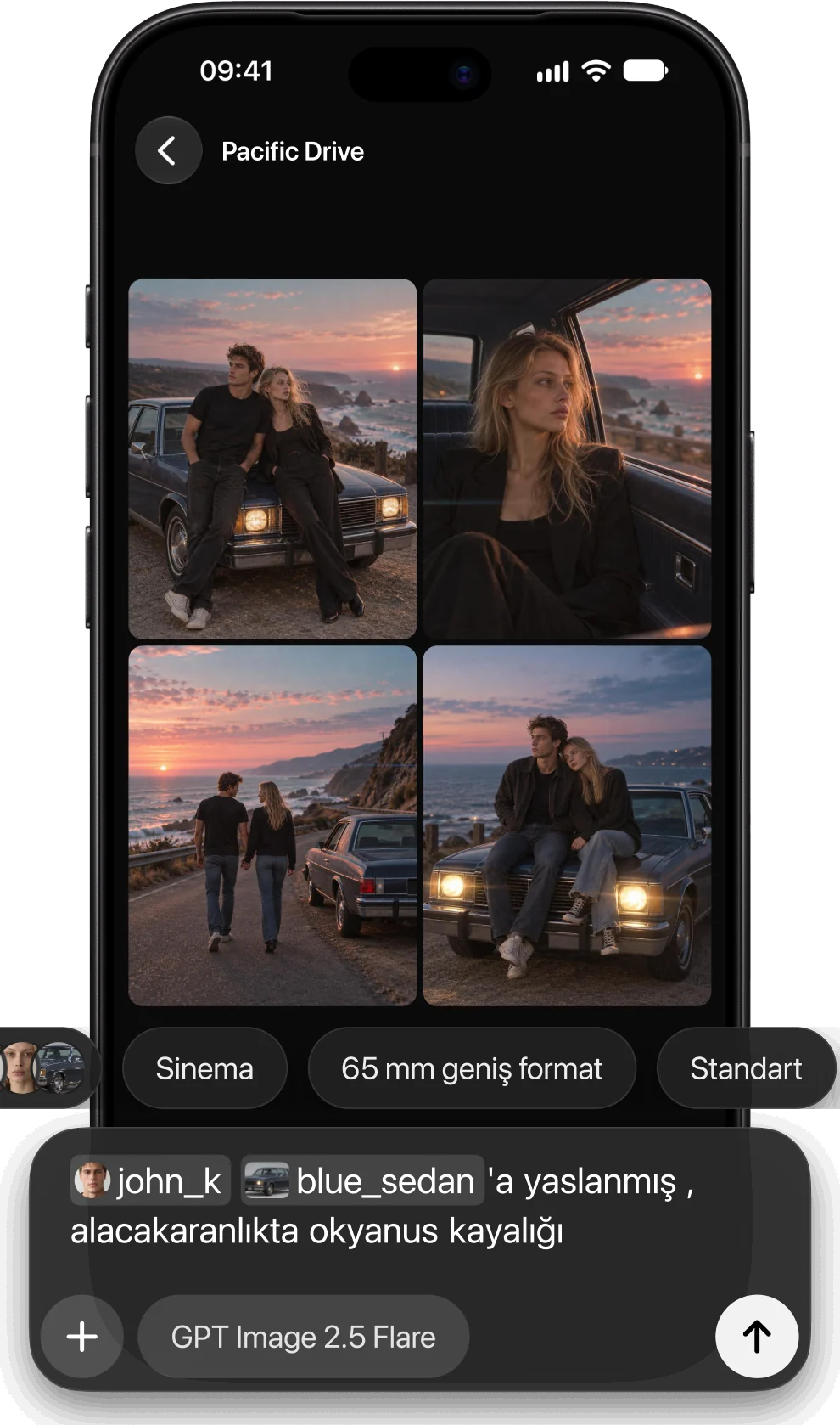 AmeChat AI Studio'da aynı karakterlerle dört görsel içeren bir proje